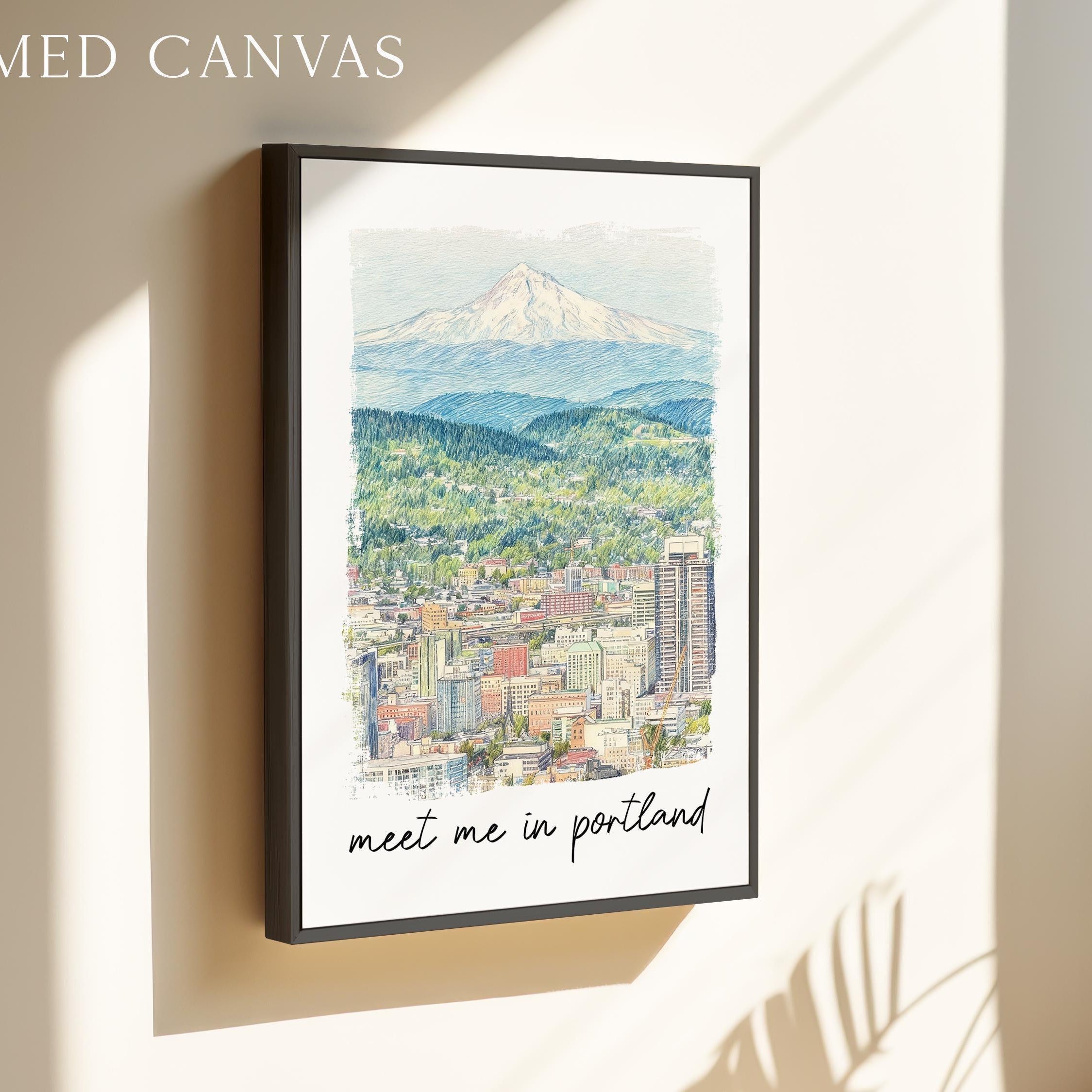 Meet Me in Portland Print,  Portland Skyline Art with Mount Hood - Travel Wall Decor