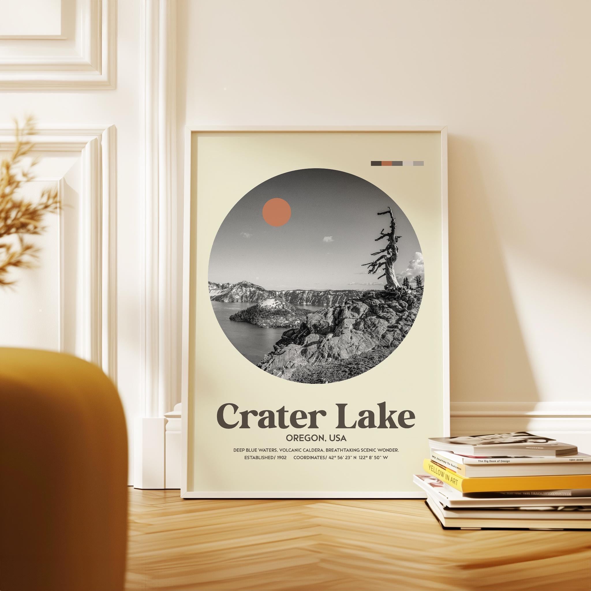 Crater Lake, Oregon,  Mid•Century Modern,  Featuring GPS Coordinates,  Typography Art Print