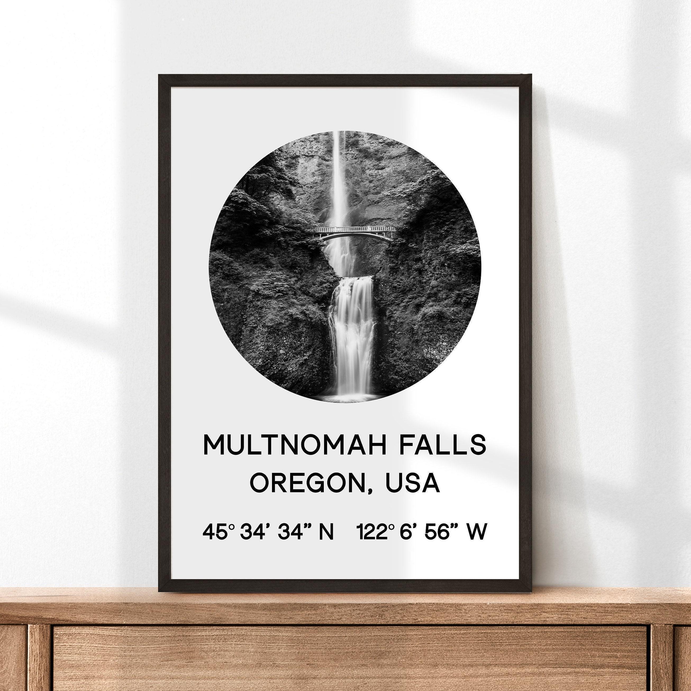 Multnomah Falls, Oregon with GPS Coordinates Art Print,  Travel - Explore - Hike - Nature