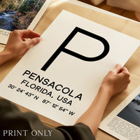 Pensacola, Florida with GPS Coordinates Minimalist Typography Art Print