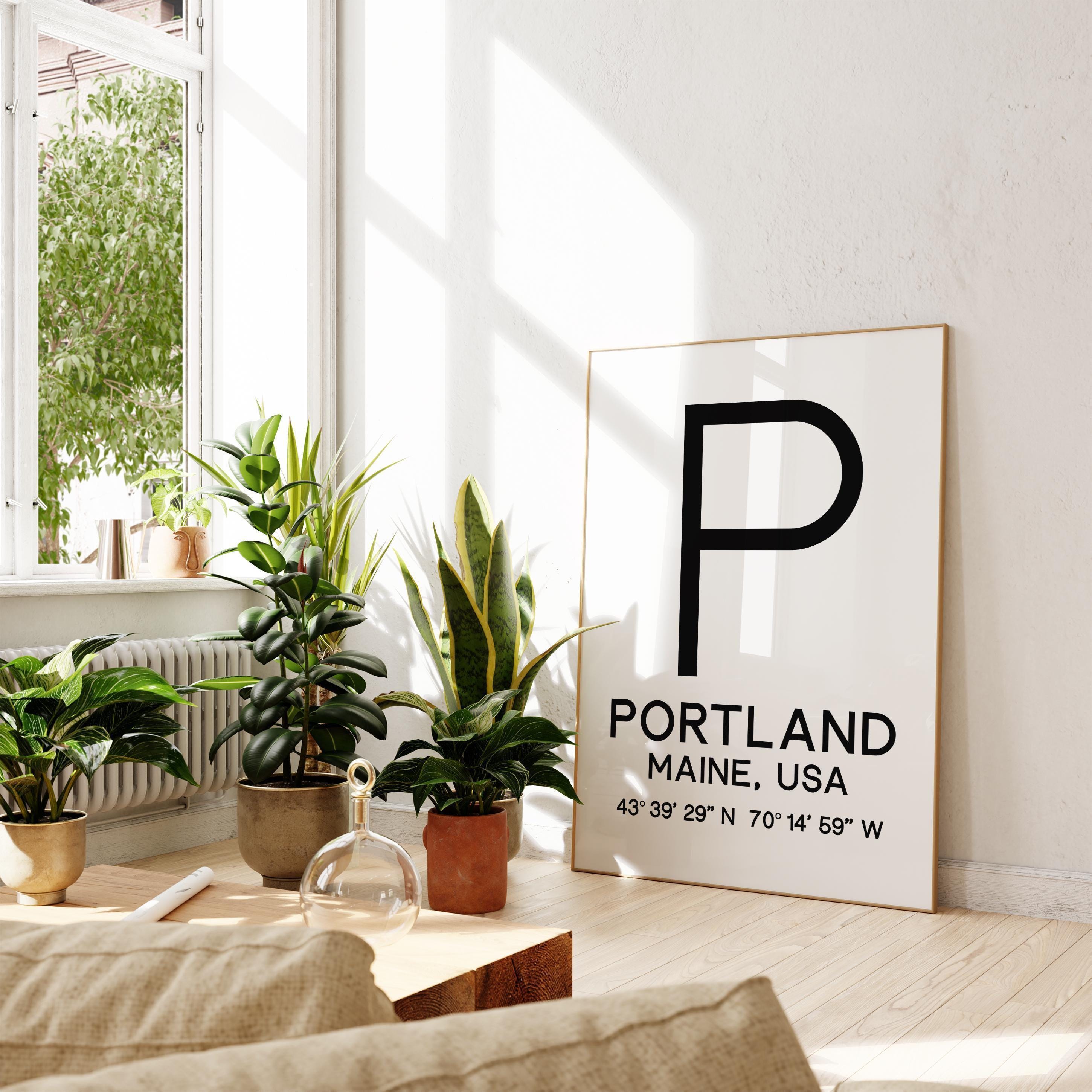 Portland, Maine with GPS Coordinates Typography Art Print,  Minimalist Wall Art