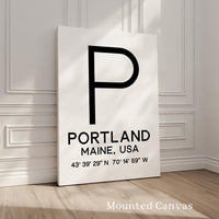 Portland, Maine with GPS Coordinates Typography Art Print,  Minimalist Wall Art
