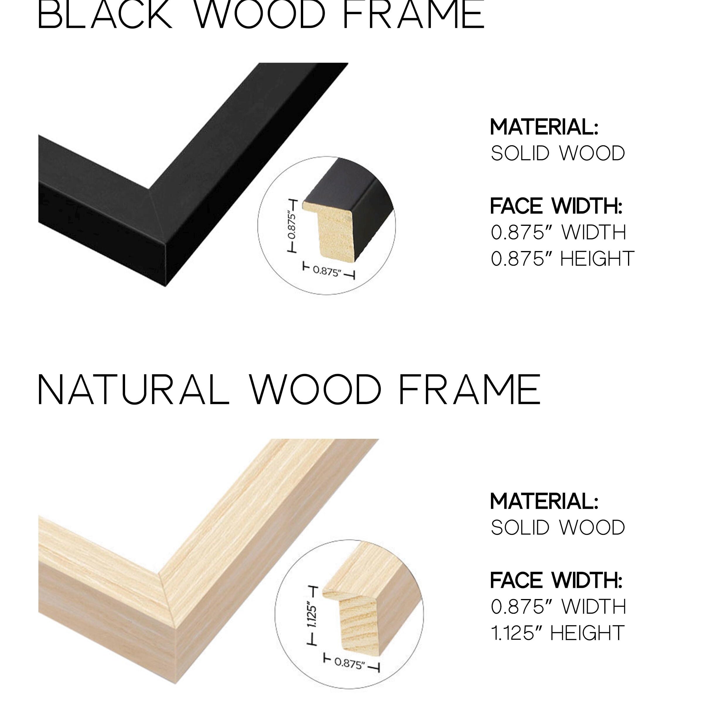 a black wood frame is shown with measurements