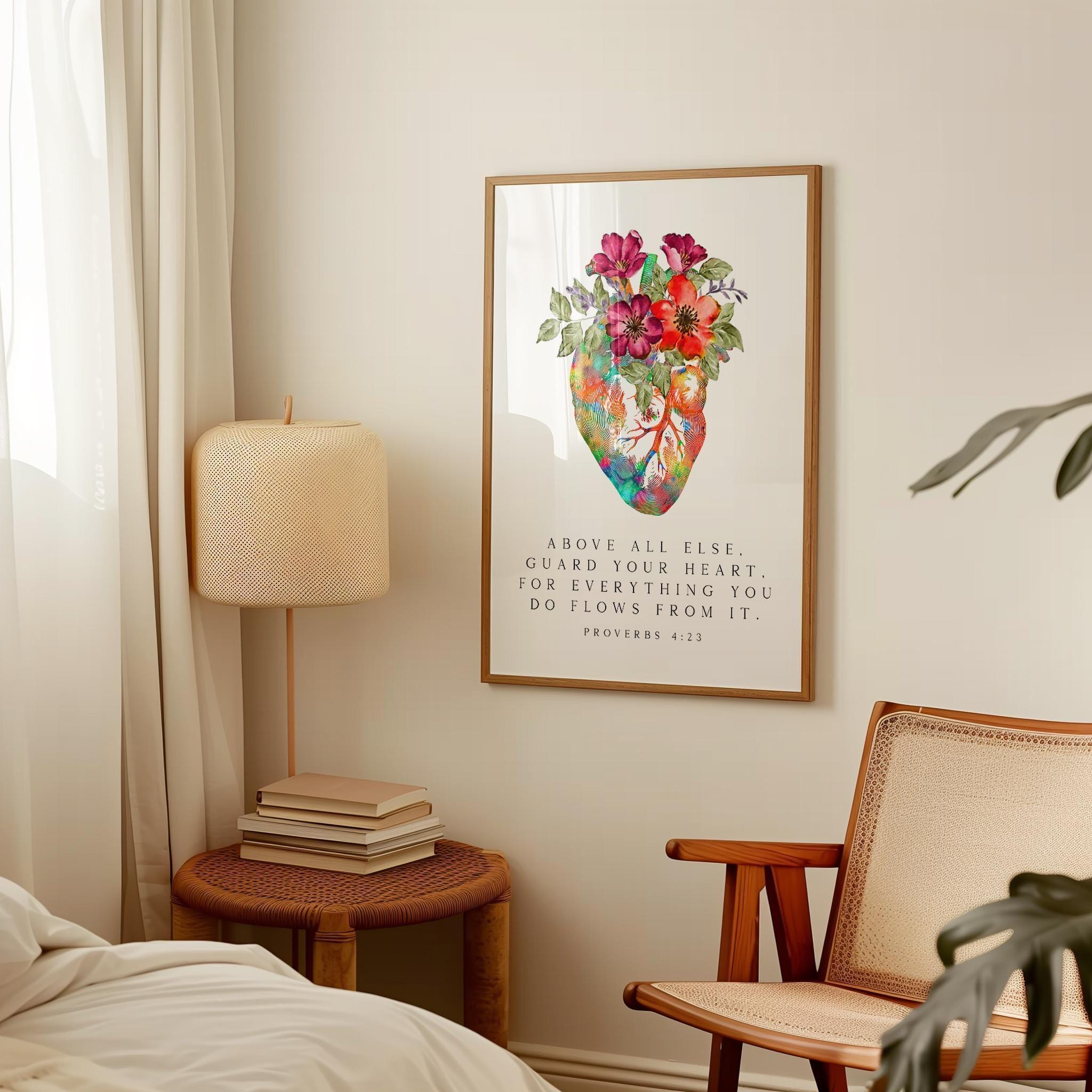 Proverbs 4:23,  Above all else, guard your heart, for everything you do flows from it. Typography Art Print with Heart Flowers