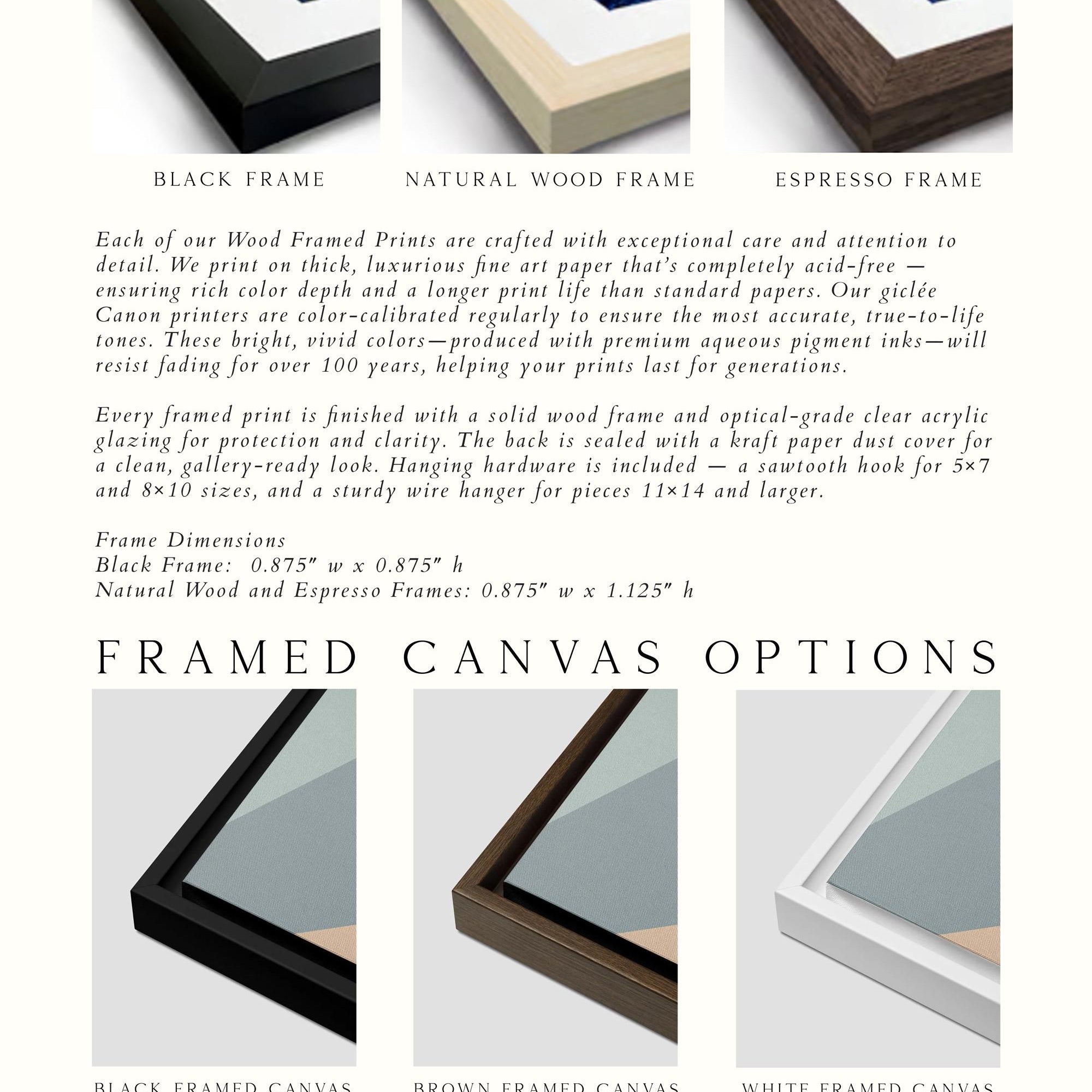 The image is a collage of three framed canvas options, each showcasing a different type of frame and canvas. The options include a black wood frame, a natural wood frame, and an espresso frame. The black framed canvas option features a brown wood frame, a white framed canvas option, and a brown framed canvas option. The natural wood frame option is a white framed canvas option, and the espresso frame option is a black framed canvas option.