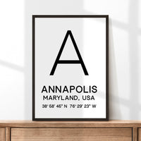Annapolis, Maryland with GPS Coordinates Minimalist Art Print