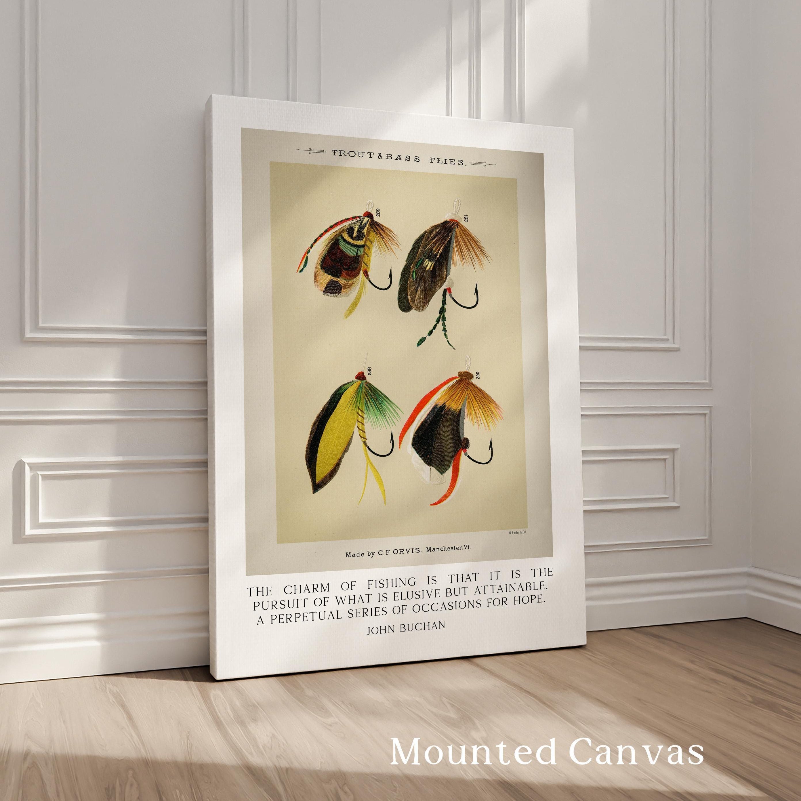 The charm of fishing is that it is the pursuit... John Buchan Quote featuring Trout & Bass Flies by Mary Orvis Marbury. Typography Art Print