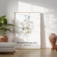 Psalm 23 He Restores My Soul Typography Art Print with Wildflowers,  Christian - Scripture - Bible Verse -  Inspirational - Faith