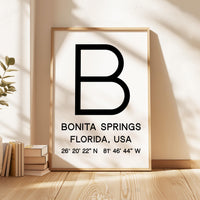 Bonita Springs, Florida with GPS Coordinates Minimalist Typography Art Print