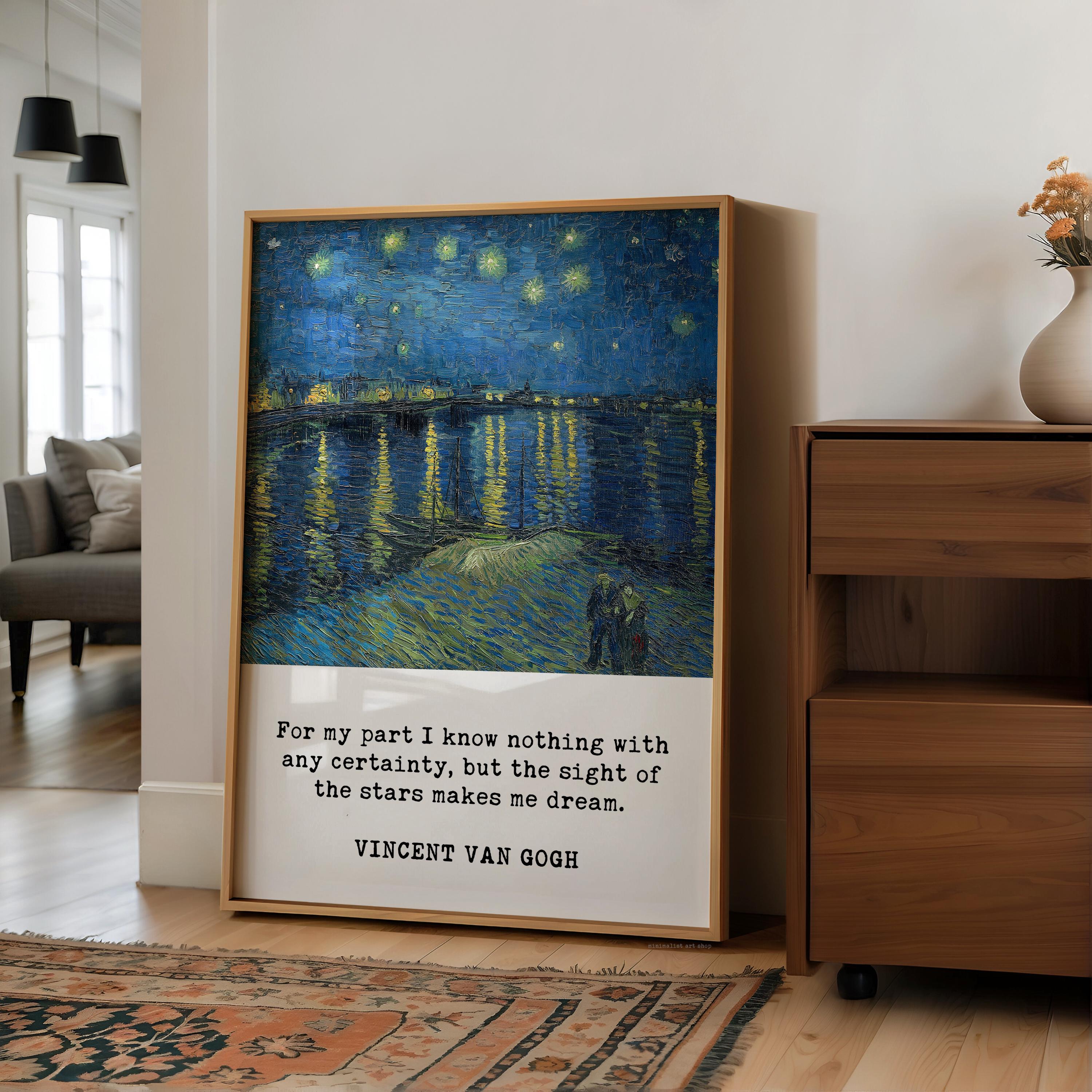 a large framed painting of a starry night landscape, with a quote by Vincent Van Gogh below it.