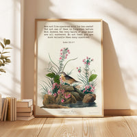 Are not five sparrows sold for two cents? Yet not one of them is forgotten before God. Luke 12:6-7 Art Print with Yellow-winged Sparrow