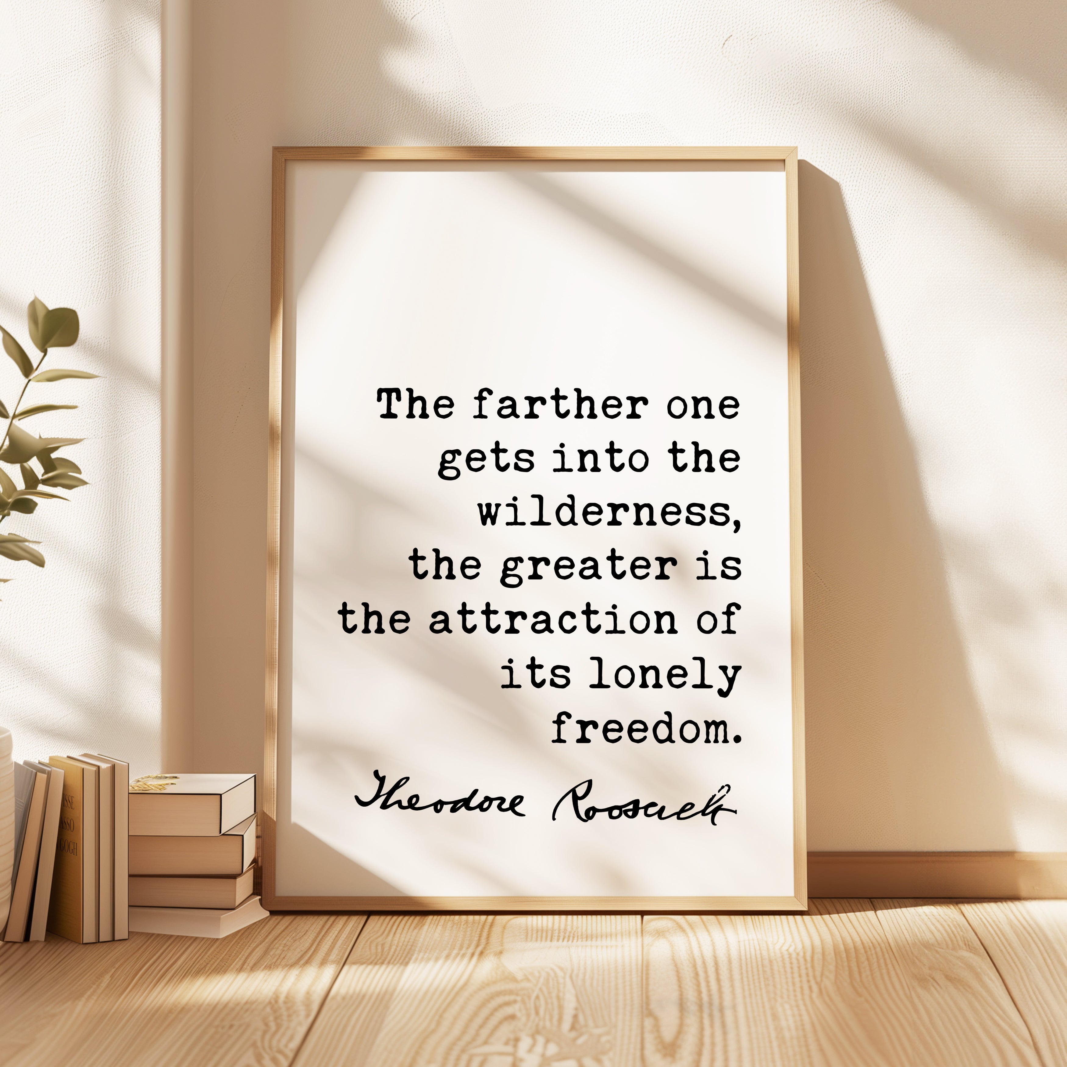 a framed quote by Theodore Roosevelt, "The farther one gets into the wilderness, the greater is the attraction of its lonely freedom." The quote is displayed on a white background within a wooden frame, and there are some books and a plant visible in the background.