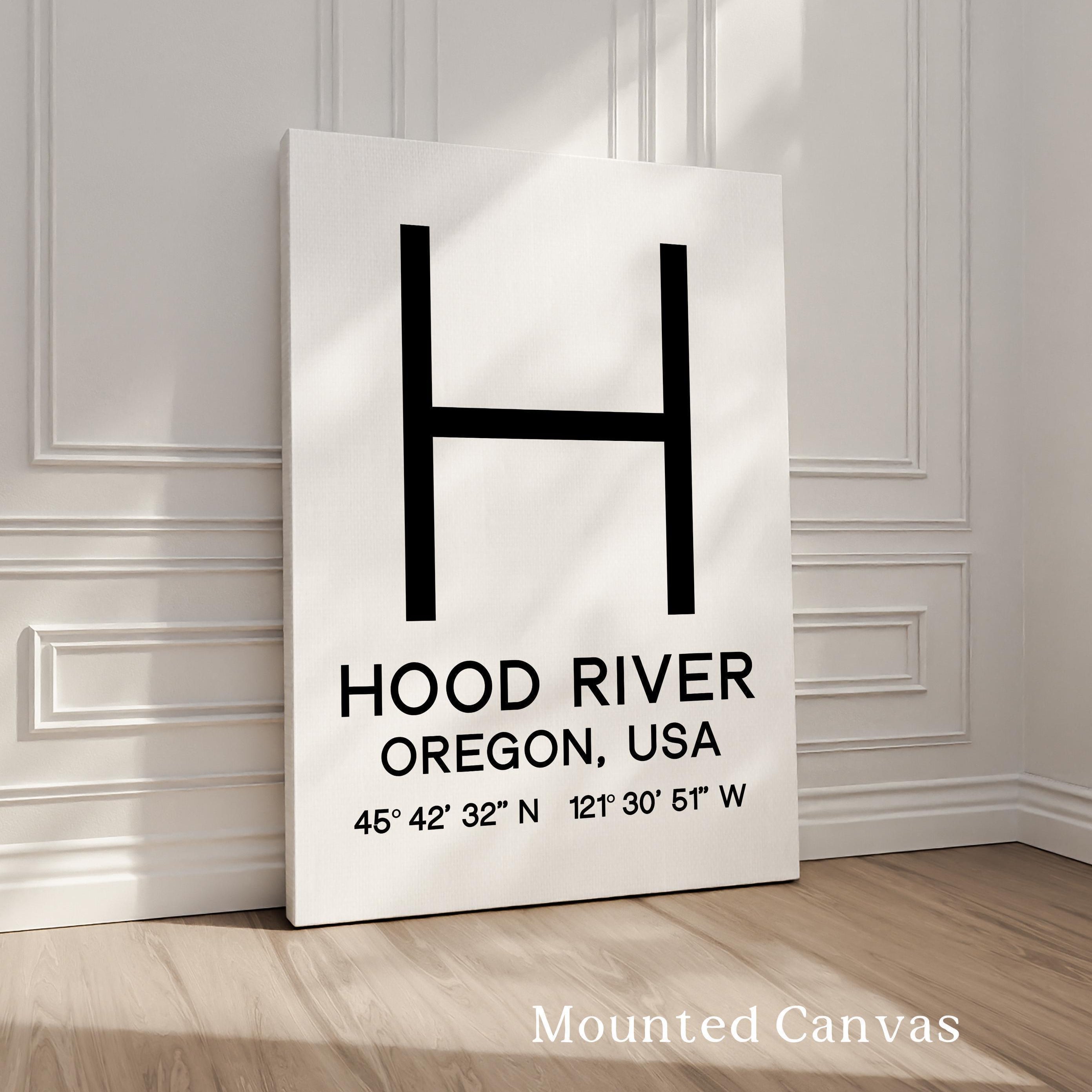 Hood River, Oregon with GPS Coordinates Typography Art Print,  Minimalist Wall Art