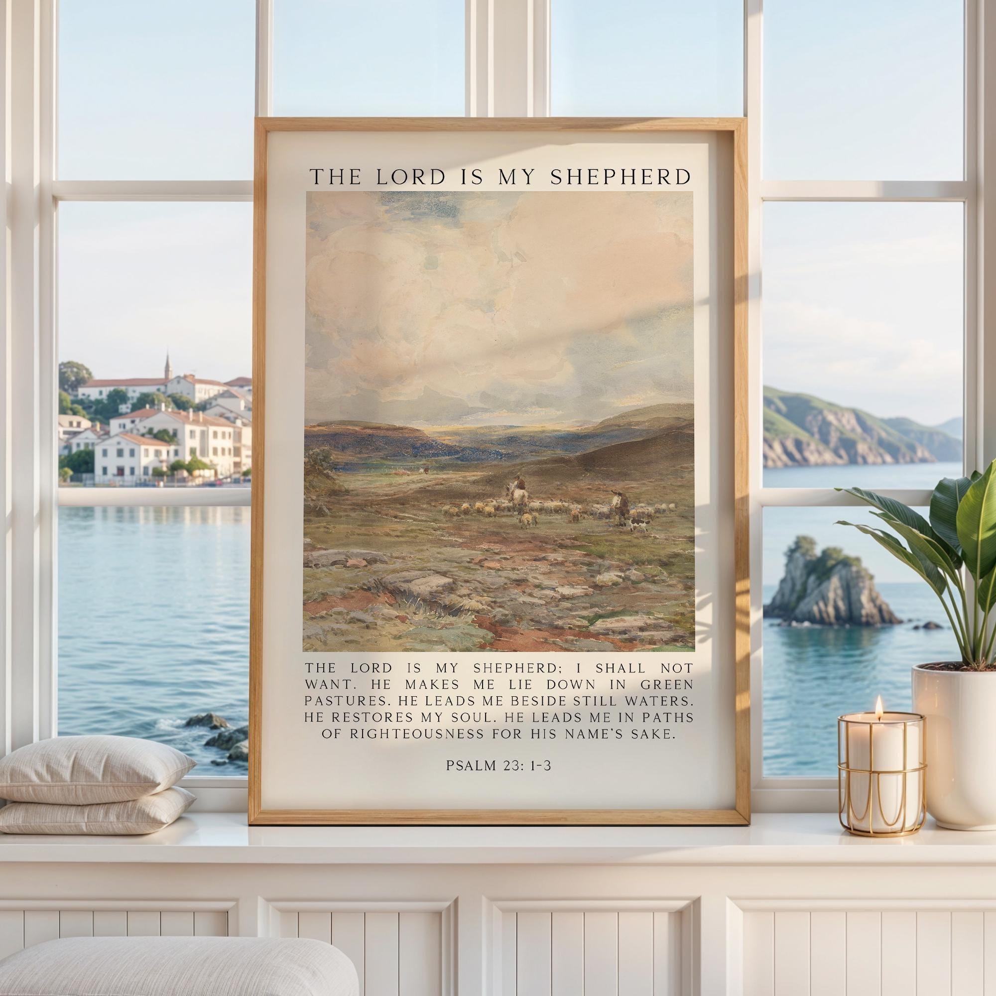 May include: Framed print featuring a pastoral landscape with a shepherd and flock. The artwork has a vintage aesthetic, with text at the top and bottom. The text reads "The Lord is my Shepherd" and Psalm 23:1-3.