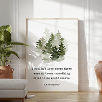 I couldn't live where there were no trees,  something vital in me would starve. L.M. Montgomery Quote Art Print w/ Watercolor Trees,  1917