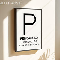Pensacola, Florida with GPS Coordinates Minimalist Typography Art Print