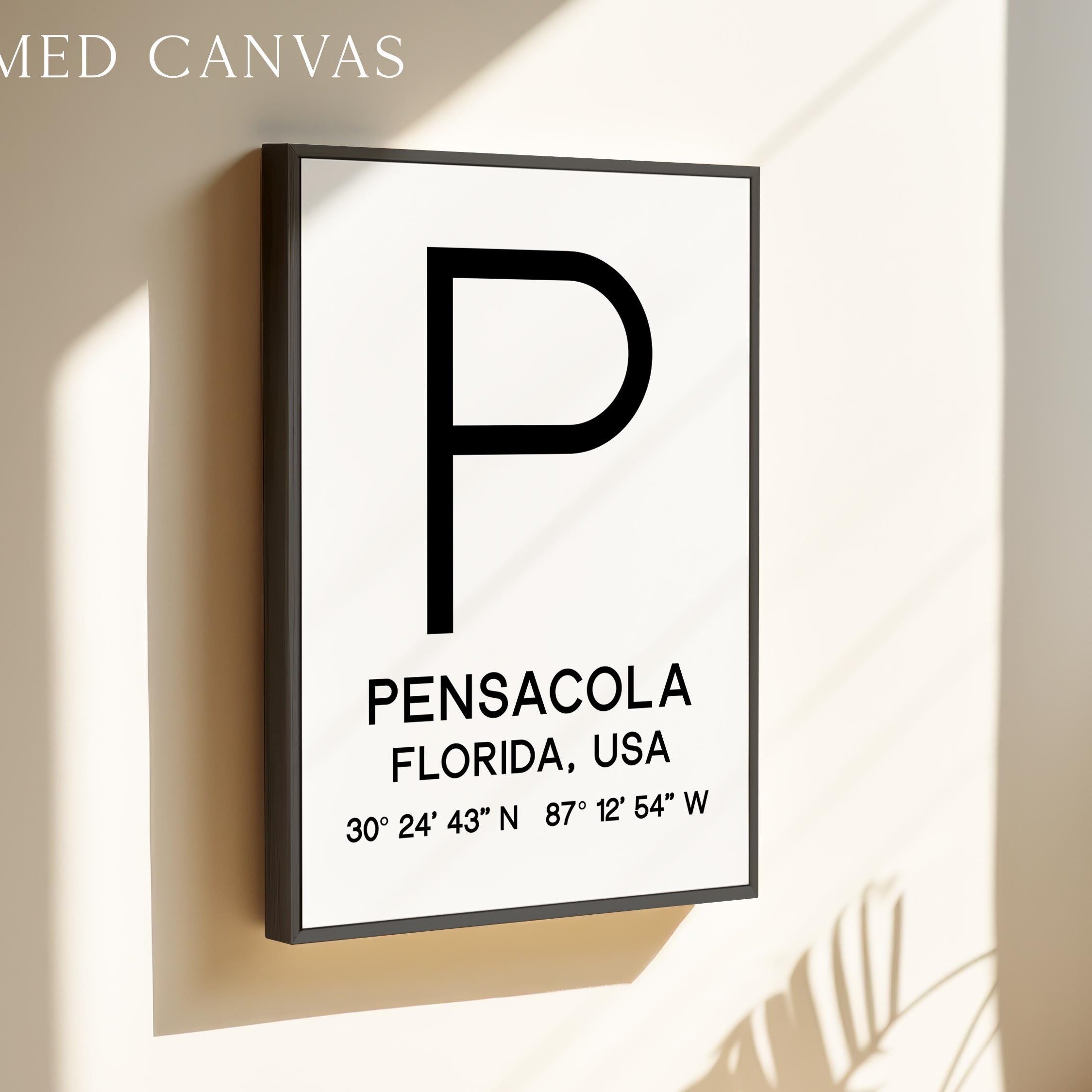 Pensacola, Florida with GPS Coordinates Minimalist Typography Art Print