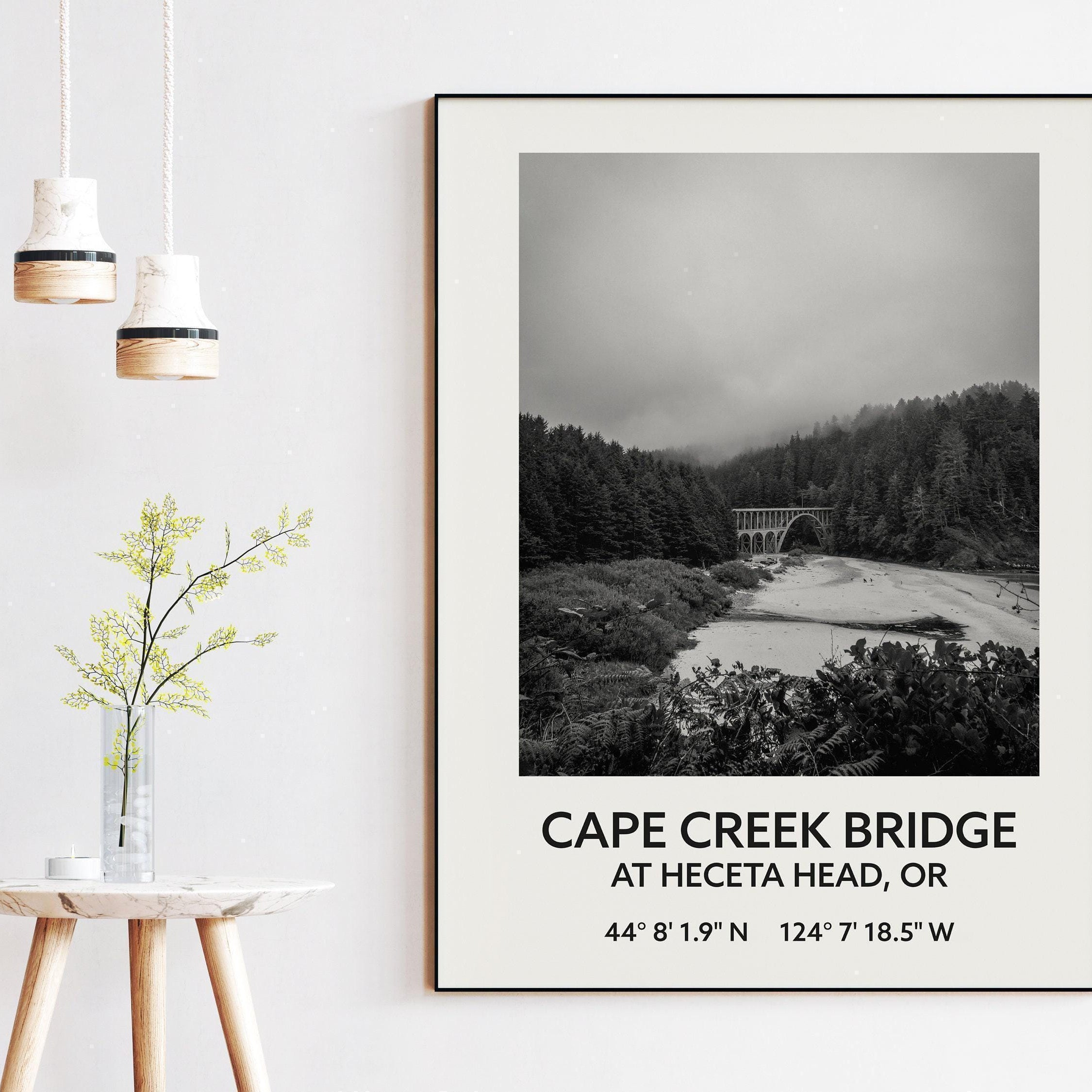 Cape Creek Bridge At Heceta Head, Oregon with GPS Coordinates Black & White Art Print,  Travel - Oregon - Hwy 101 - Oregon Coast