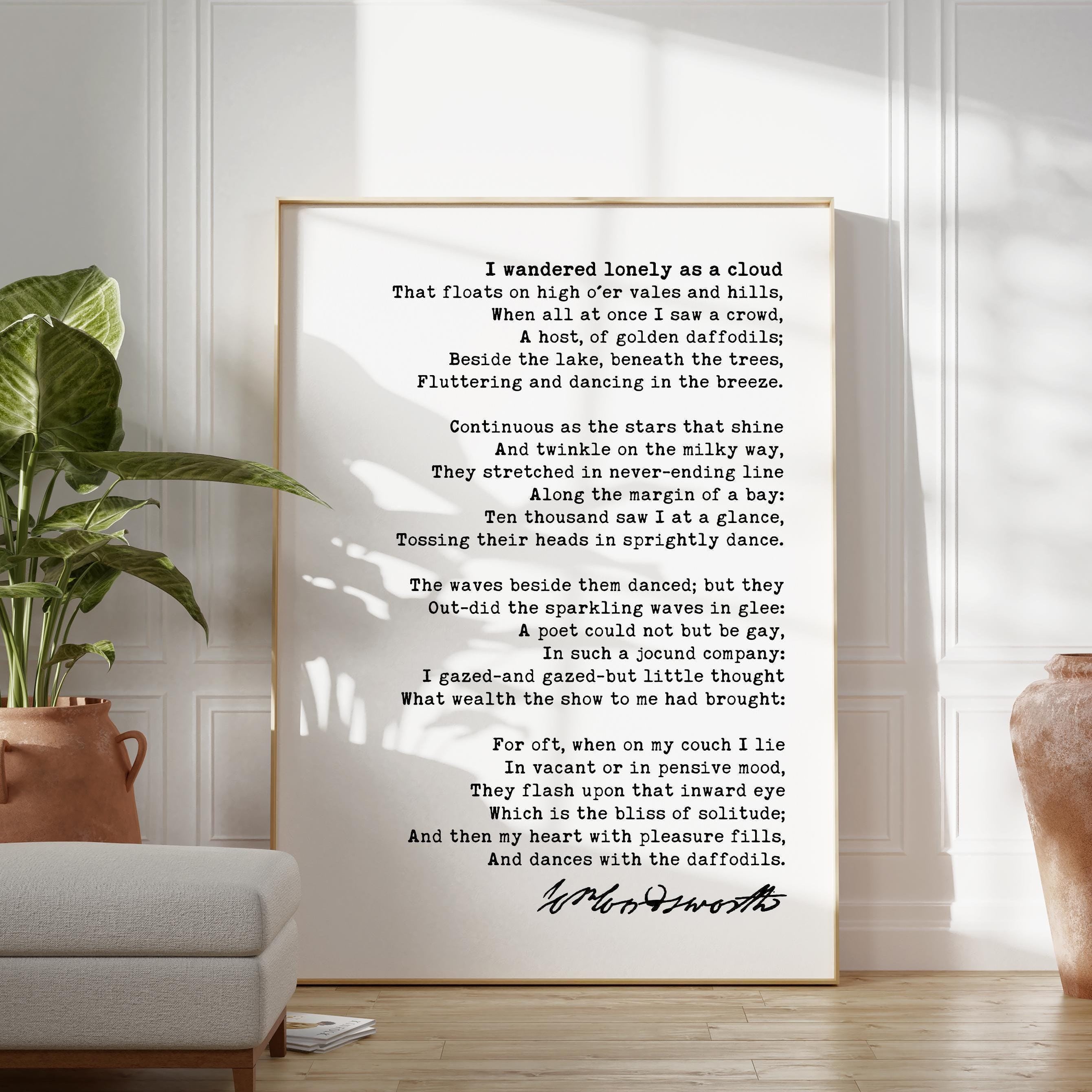 I Wandered Lonely as a Cloud Poem,   William Wordsworth Daffodils Poetry,  Typography Art Print (1804)