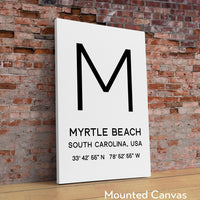 Myrtle Beach, SC with GPS Coordinates Minimalist Typography Art Print