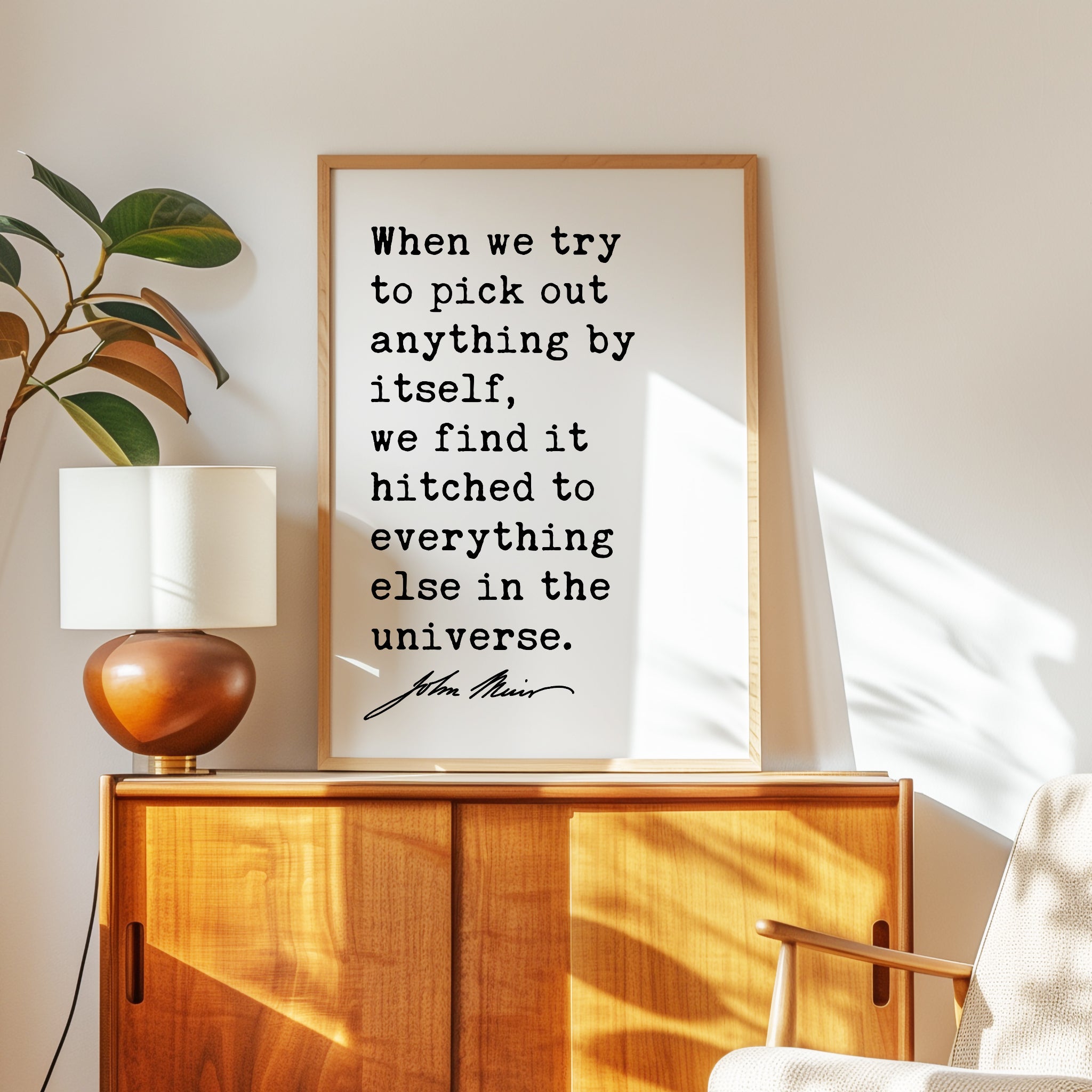 a framed quote by John Muir, which reads "When we try to pick out anything by itself, we find it hitched to everything else in the universe." The quote is displayed on a wooden cabinet, with a lamp and a plant nearby.