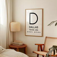 Dallas, Texas with GPS Coordinates Minimalist Art Print,  Travel,  Decor