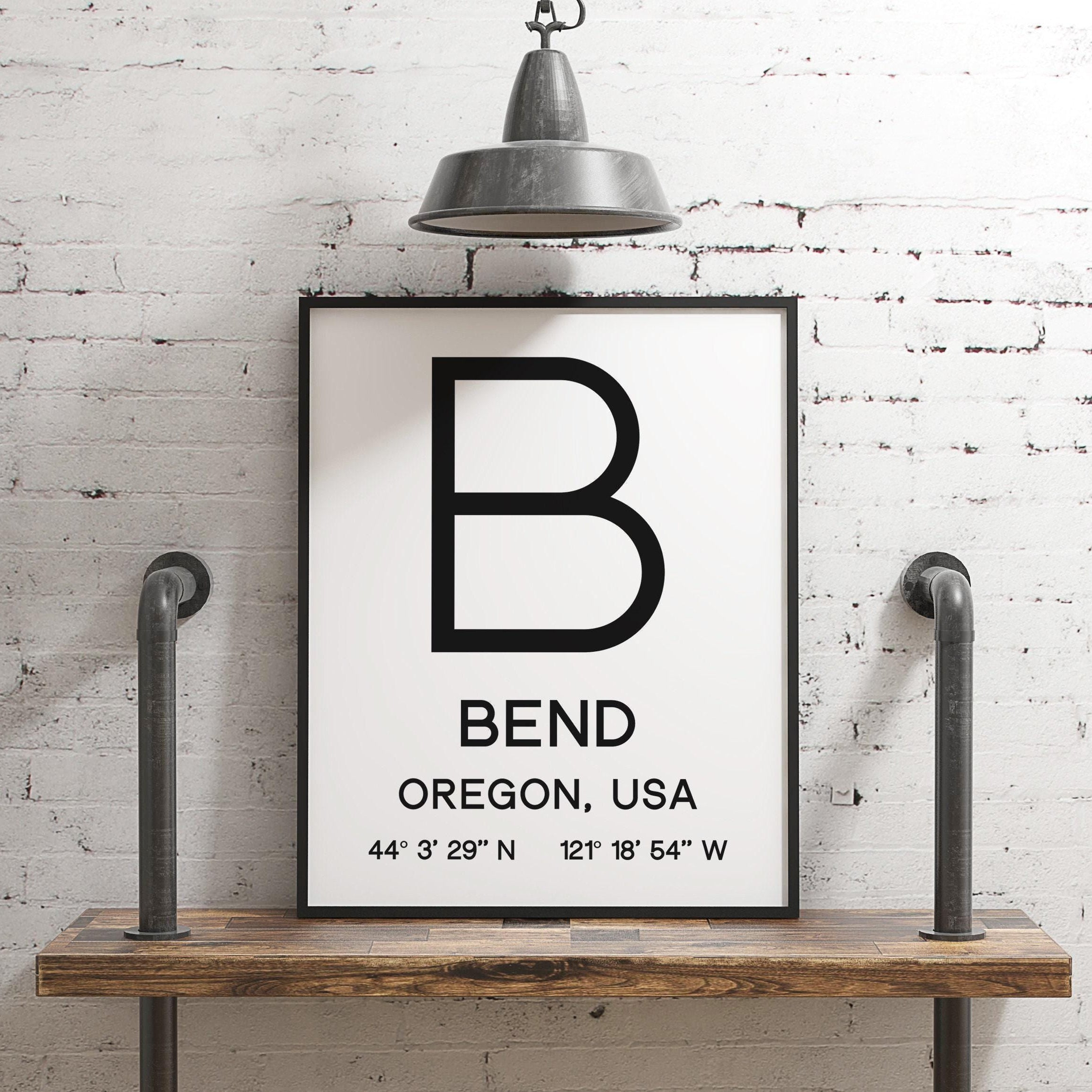 Bend Oregon with GPS Coordinates Typography Minimalist Art Print
