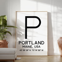 Portland, Maine with GPS Coordinates Typography Art Print,  Minimalist Wall Art