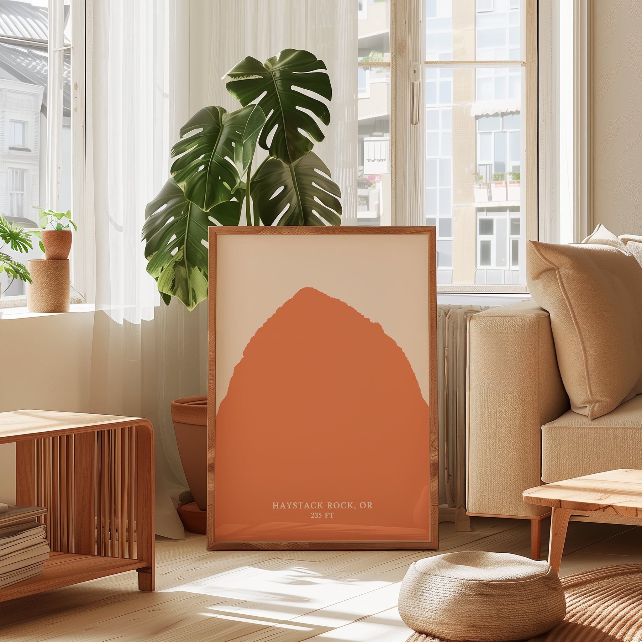 a living room with a large orange abstract painting on the wall, a large potted plant, a wooden coffee table, and a beige sofa.