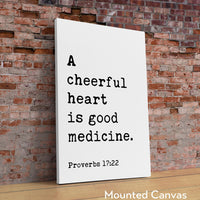 Proverbs 17:22, A cheerful heart is good medicine. Typography Art Print,  Faith,  Religious,  Scripture