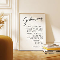 Personalized Family Name Bible Verse Print, Colossians 3:14 Wall Art, And Over All These Virtues, Wedding Housewarming Gift