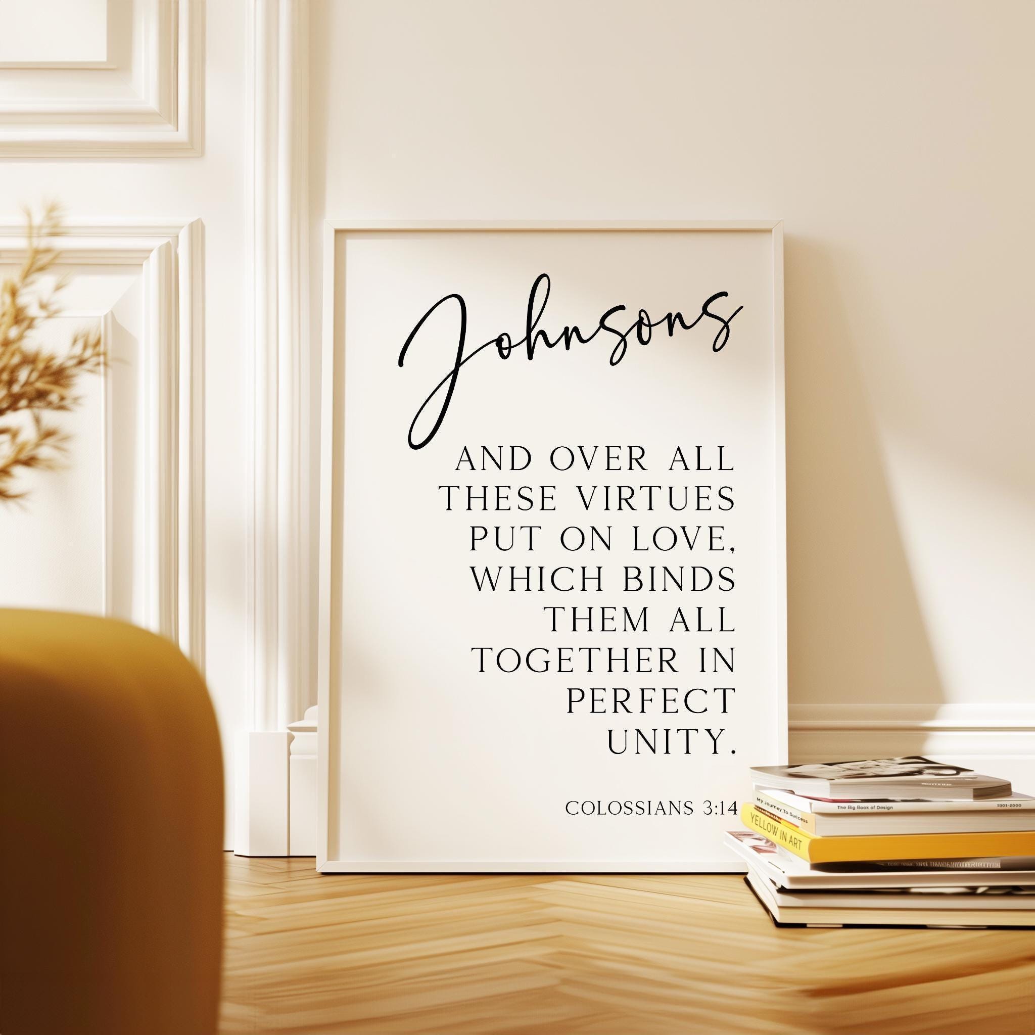 Personalized Family Name Bible Verse Print, Colossians 3:14 Wall Art, And Over All These Virtues, Wedding Housewarming Gift