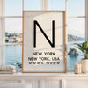 New York Typography Print, NYC Minimalist Wall Art, GPS Coordinates