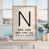 New York Typography Print, NYC Minimalist Wall Art, GPS Coordinates