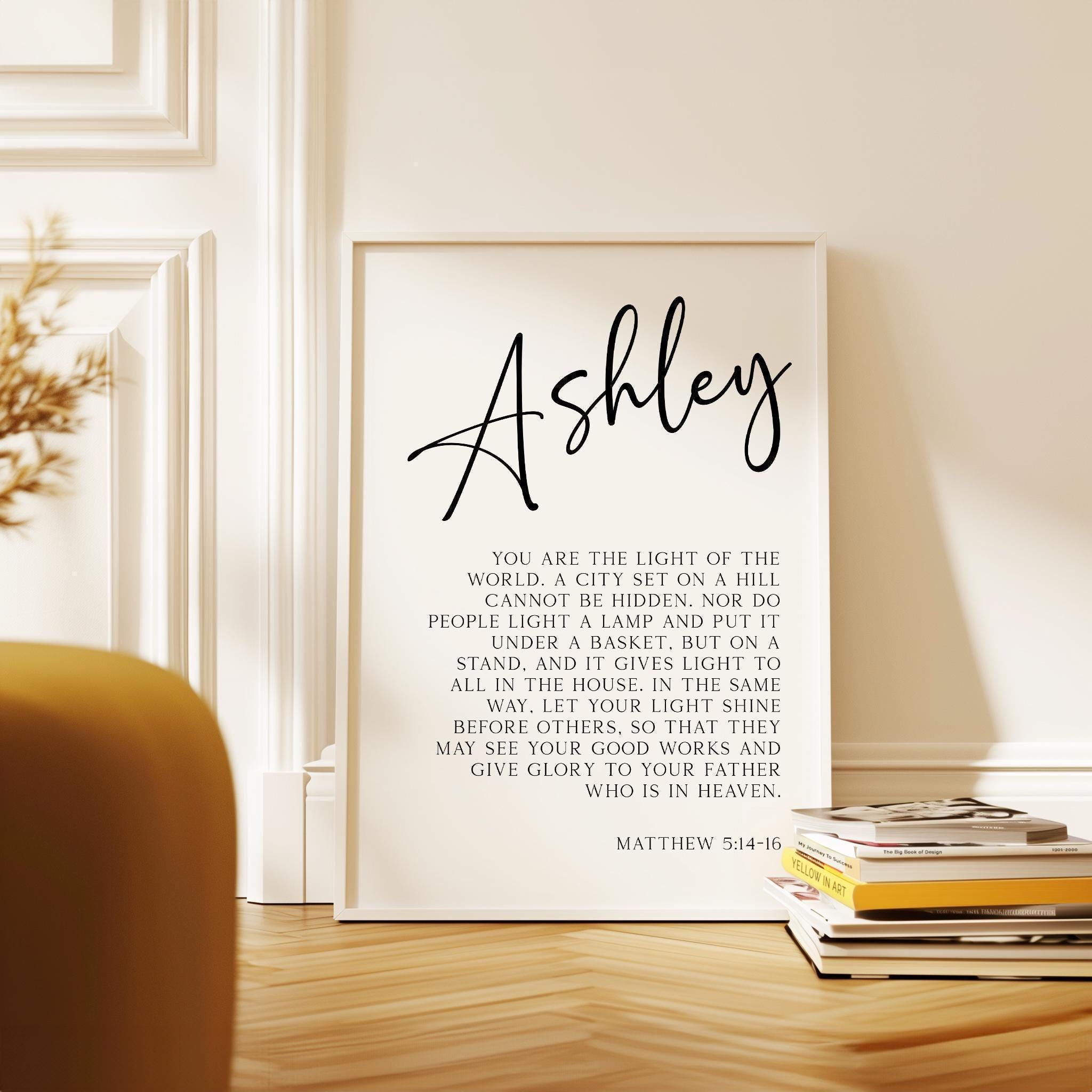 Matthew 5:14•16,  You are the light of the world... let your light shine before others.,  Personalized with Name Typography Art Print