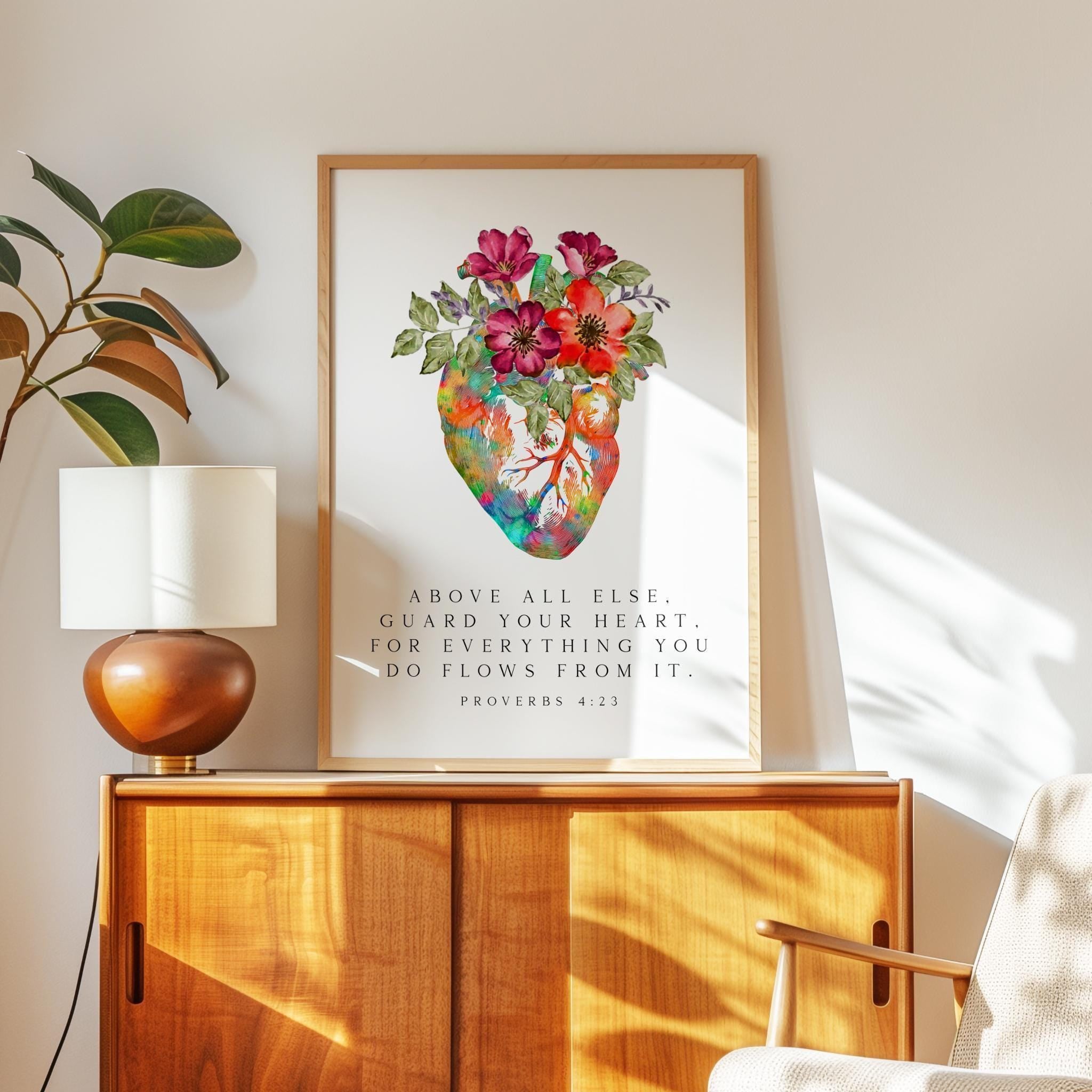 Proverbs 4:23,  Above all else, guard your heart, for everything you do flows from it. Typography Art Print with Heart Flowers