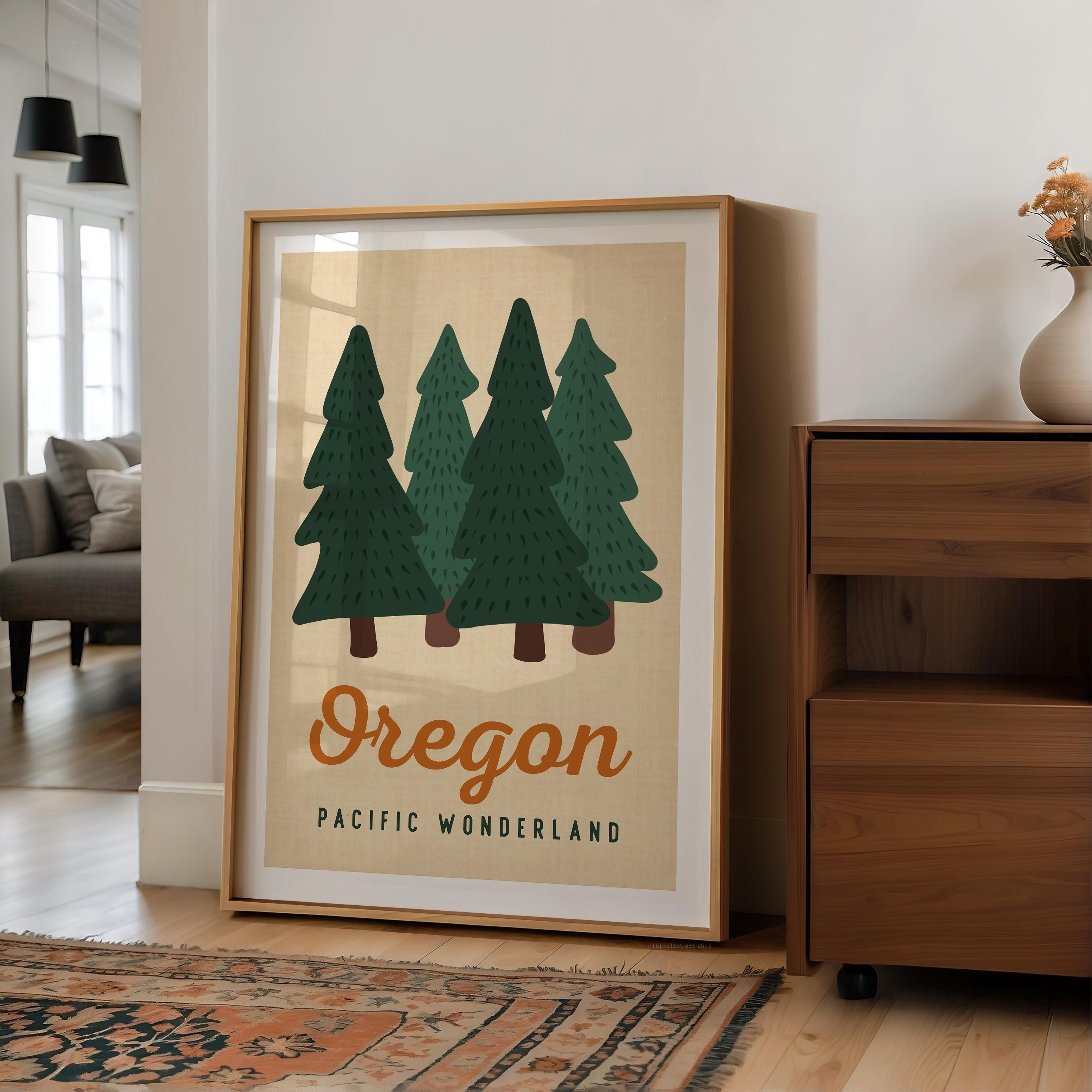 Oregon Pacific Wonderland Retro Art Print, Forest Trees, PNW Travel, Travel Gift Decor