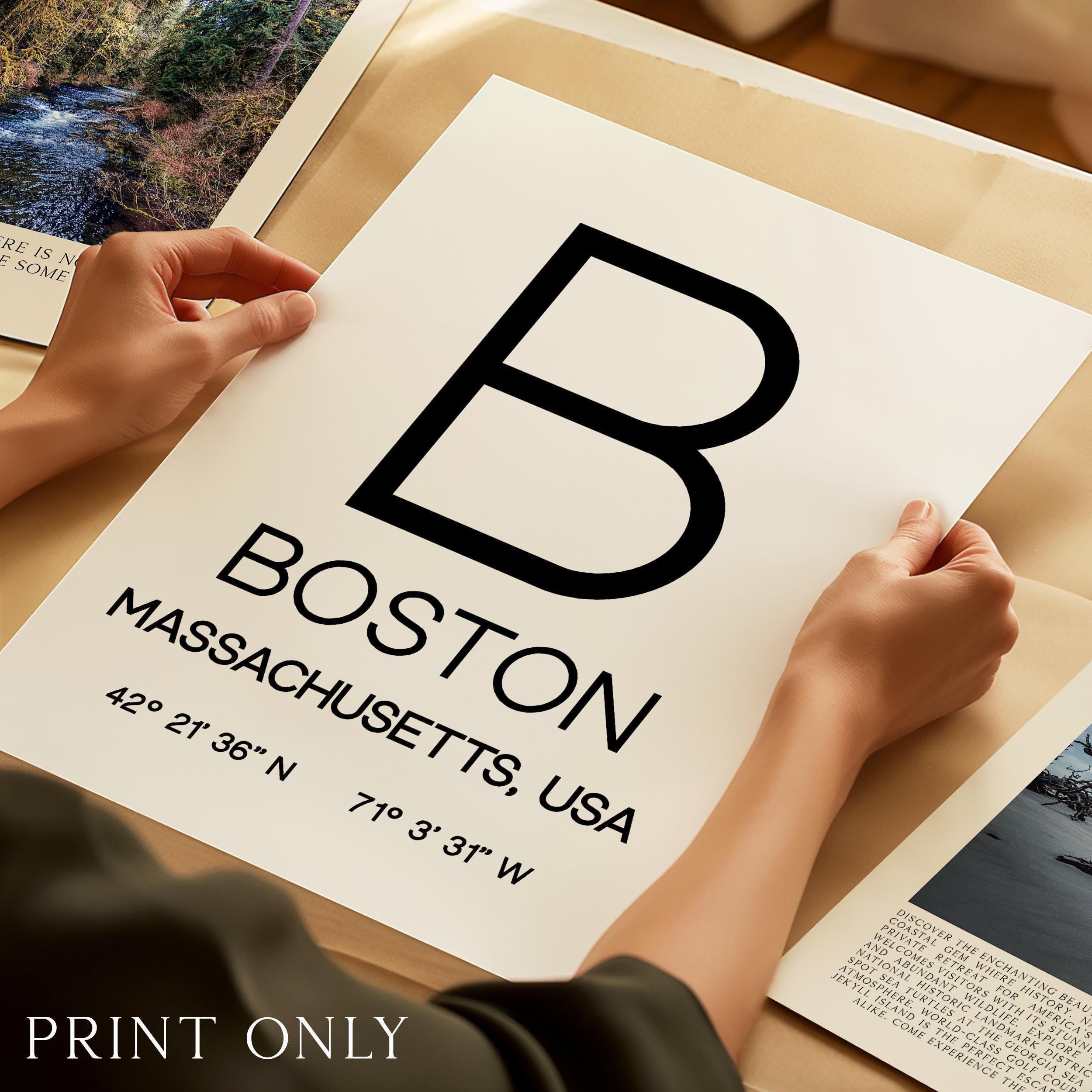 Boston Massachusetts Typography Print, Coordinates Wall Art, Modern Decor, Travel Gift