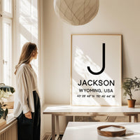 Jackson, Wyoming with GPS Coordinates Minimalist Typography Art Print,  Tetons,  Travel,  Ski