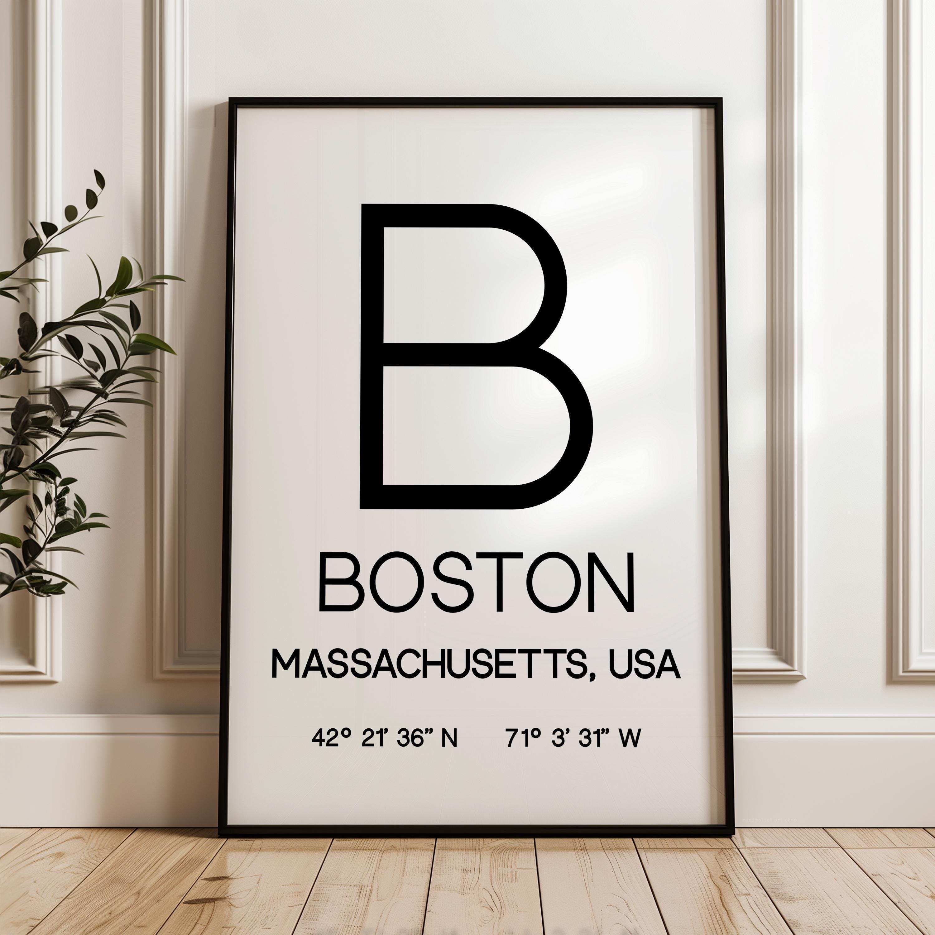 Boston Massachusetts Typography Print, Coordinates Wall Art, Modern Decor, Travel Gift