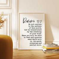 Romans 12:2 Scripture Art Print, Christian Typography Wall Art