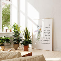 I can do all this through Christ who gives me strength. Philippians 4:13 Typography Art Print with Wildflowers,  Scripture,  Bible Verse