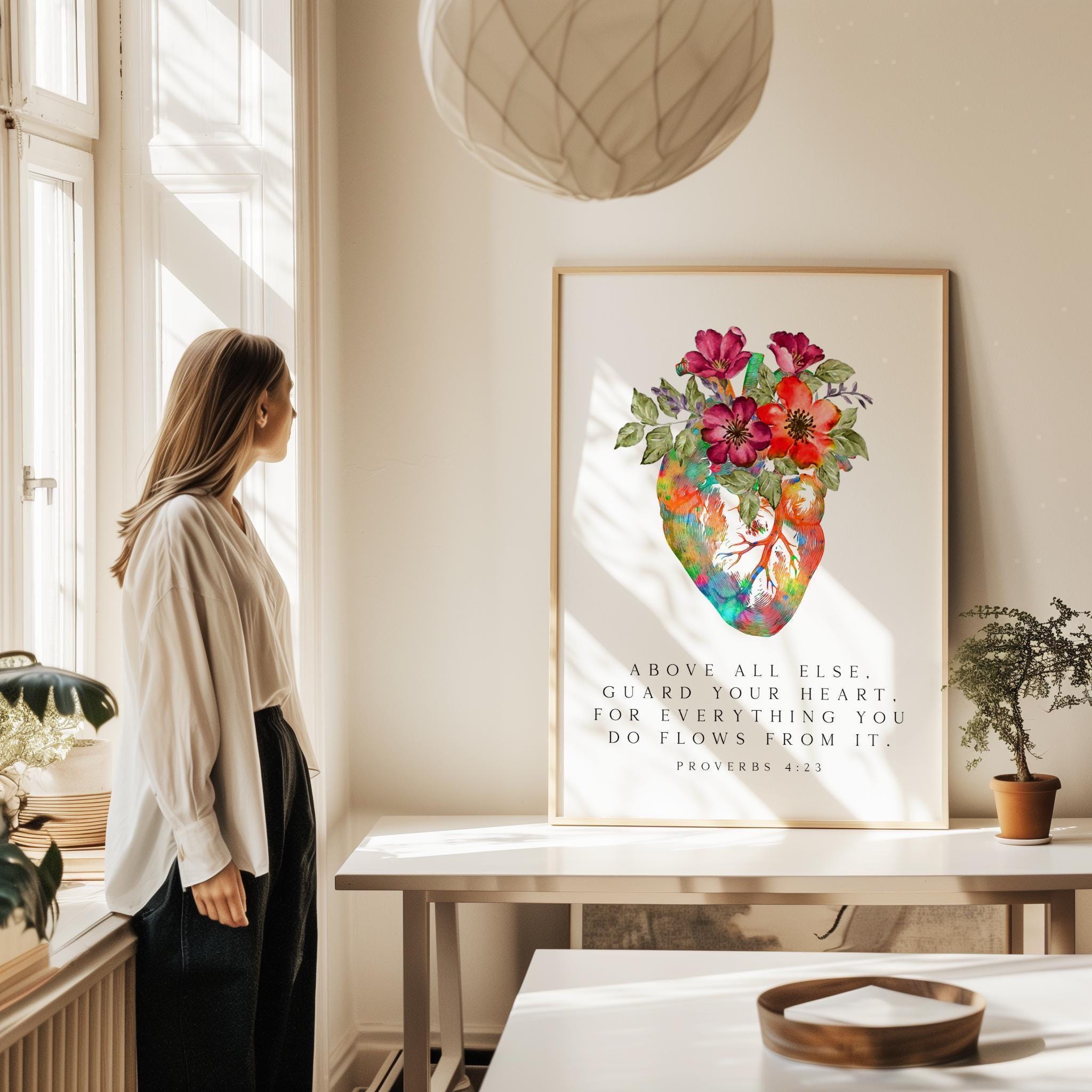 Proverbs 4:23,  Above all else, guard your heart, for everything you do flows from it. Typography Art Print with Heart Flowers
