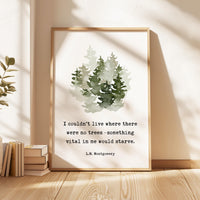 I couldn't live where there were no trees,  something vital in me would starve. L.M. Montgomery Quote Art Print w/ Watercolor Trees,  1917