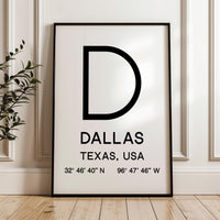 Dallas, Texas with GPS Coordinates Minimalist Art Print,  Travel,  Decor