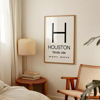 Houston, Texas with GPS Coordinates Typography Art Print,  Office,  Home Decor,  Restaurant,  Apartment,  Condo • Gift