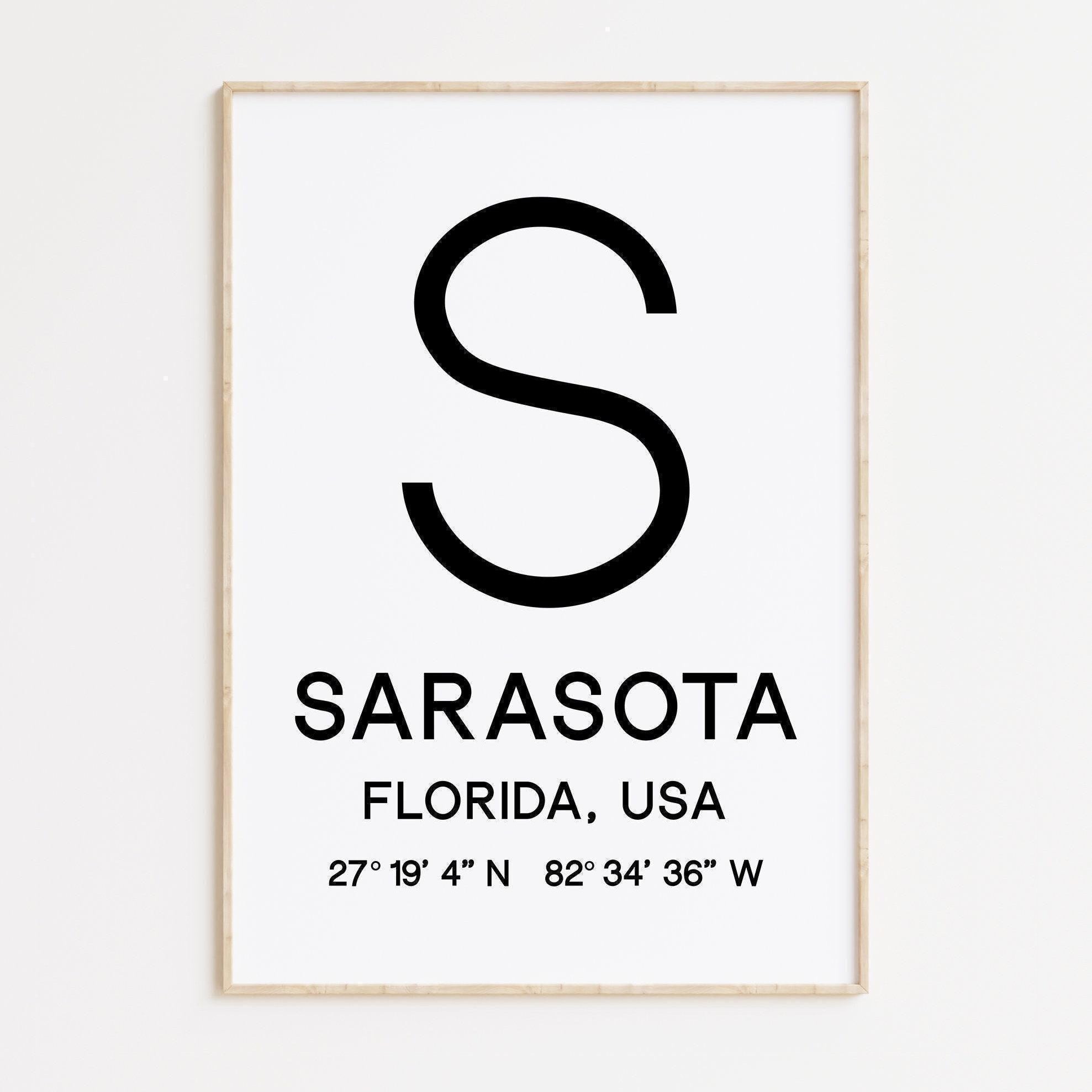 Sarasota, Florida with GPS Coordinates Minimalist Typography Art Print