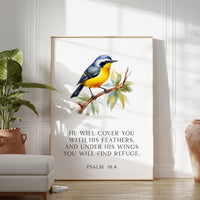 Psalm 91:4  He will cover you with His feathers, and under His wings you will find refuge. Art Print,  Faith - Religious - Scripture