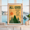 All Good Things Are Wild And Free Print, Retro Mountain Wall Art, Thoreau Quote