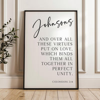 Personalized Family Name Bible Verse Print, Colossians 3:14 Wall Art, And Over All These Virtues, Wedding Housewarming Gift